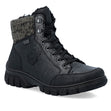 Rieker black leather-look waterproof lace-up boot with grey knit sweater collar and rugged tread sole. Style #Z7230-00