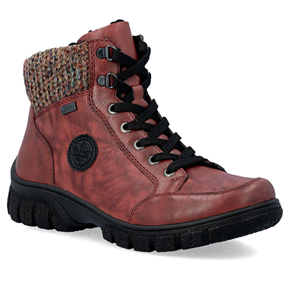 Rieker red leather-look waterproof lace-up boot with multi-colour knit sweater collar and black tread sole. Style #Z7230-33