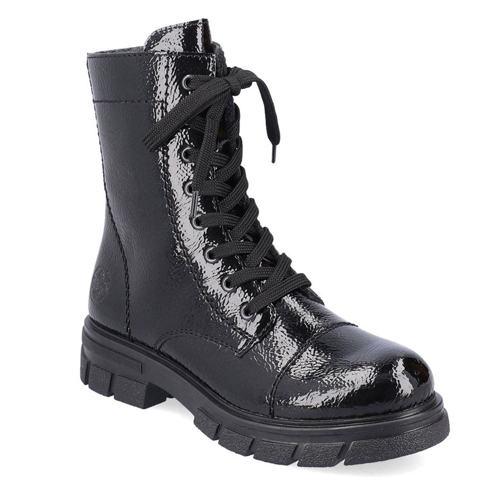 A pair of black lace-up boots with a glossy finish, suitable for fall and winter seasons. Side zip for easy on/off. Rieker Z9122-00