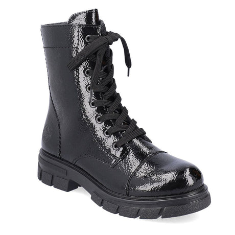A pair of black lace-up boots with a glossy finish, suitable for fall and winter seasons. Side zip for easy on/off. Rieker Z9122-00