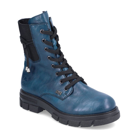 A pair of blue lace-up biker boots with a side zipper and decorative tassel. Rieker Z9124-12