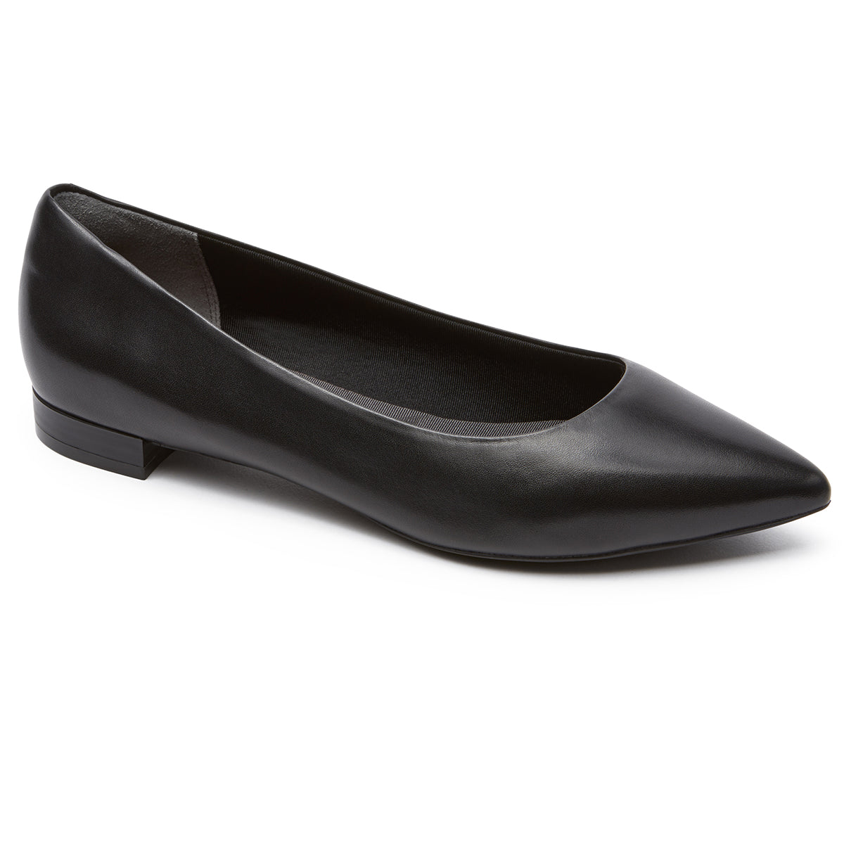 A black, pointed-toe flat shoe made of leather, designed as a ballerina style slip-on. Rockport Adelyn Ballerina Flat.