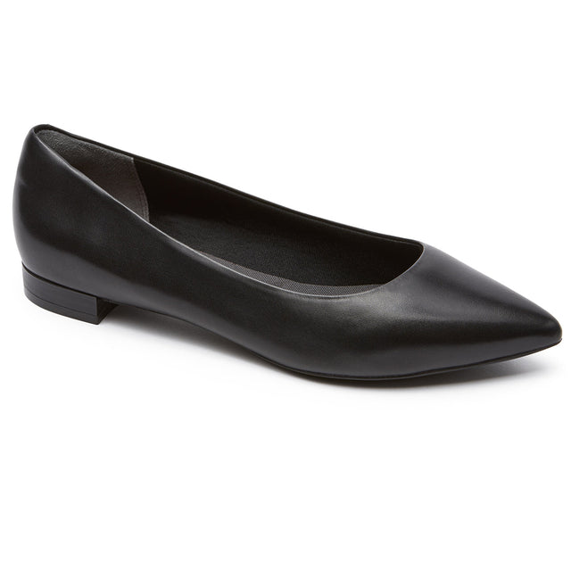 A black, pointed-toe flat shoe made of leather, designed as a ballerina style slip-on. Rockport Adelyn Ballerina Flat.