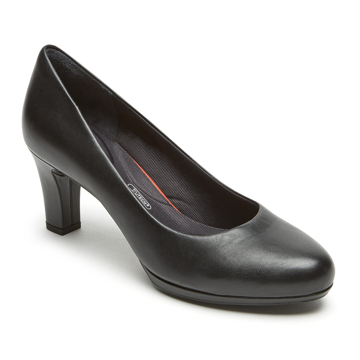 A black leather mid-heel pump with a round toe and heel counter, featuring a non-slip sole. Rockport Leah Pump CH2350