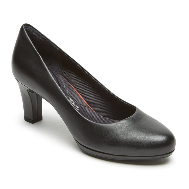 A black leather mid-heel pump with a round toe and heel counter, featuring a non-slip sole. Rockport Leah Pump CH2350