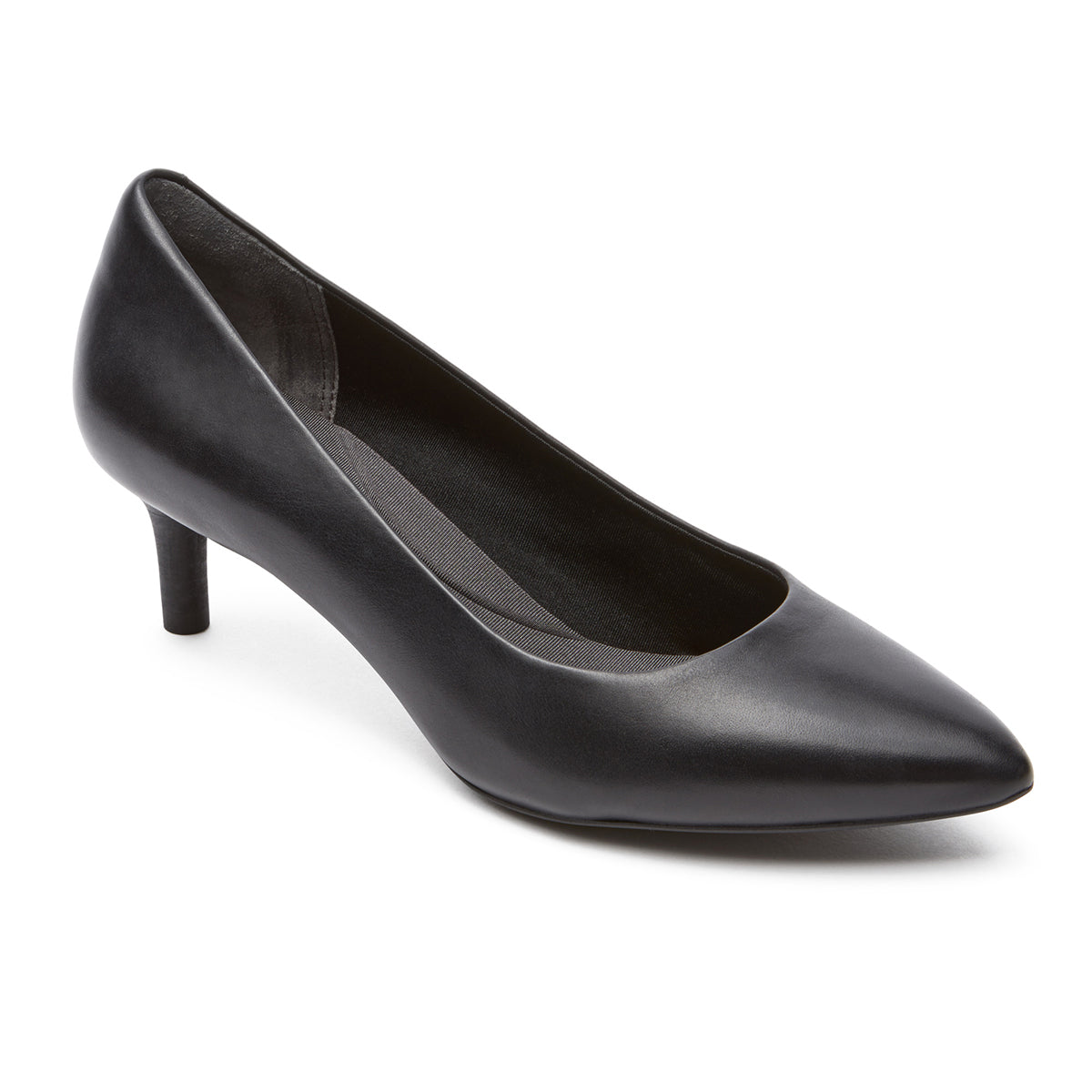A black leather pointed-toe pump with a medium heel and sleek design. Rockport Total Motion Kalila Pump V78396