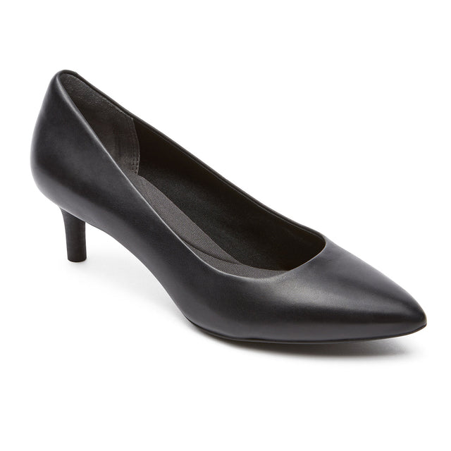 A black leather pointed-toe pump with a medium heel and sleek design. Rockport Total Motion Kalila Pump V78396