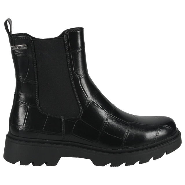 Black croc-embossed waterproof Chelsea boot with elastic side gores, pull tab, and lug sole. Romika Style #681514-100