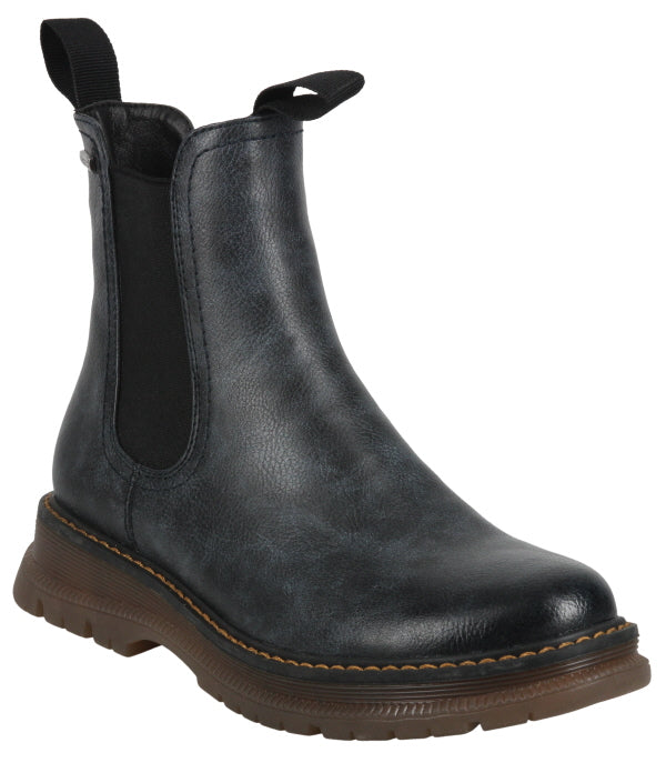 Romika Peyton 05 women's cobalt blue Chelsea-style boot with a distressed finish and tan lug sole. 769525-500.
