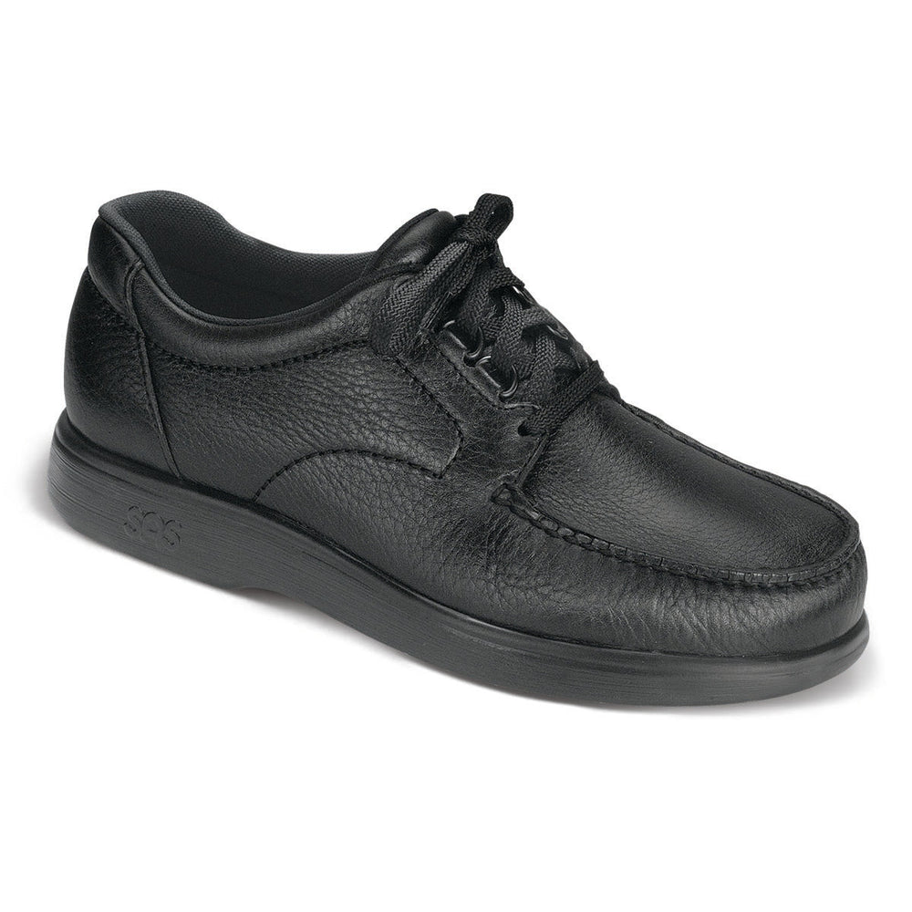 Black leather handsewn moccasin with a sleek, low-profile design, cushioned removable footbed, shock-absorbing sole, and EZ Lace system for a custom fit. Style #1520-013