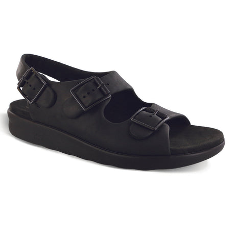 Black leather women’s sandal with three adjustable buckle straps, contoured microfiber-wrapped insole, and low 1-inch heel for stylish comfort. Style #1820-887