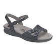 Women’s quarter strap sandal in black leather with three adjustable buckles, cushioned insole, shock-absorbing sole, and low 1.375-inch heel for all-day wear. Style #0087-020