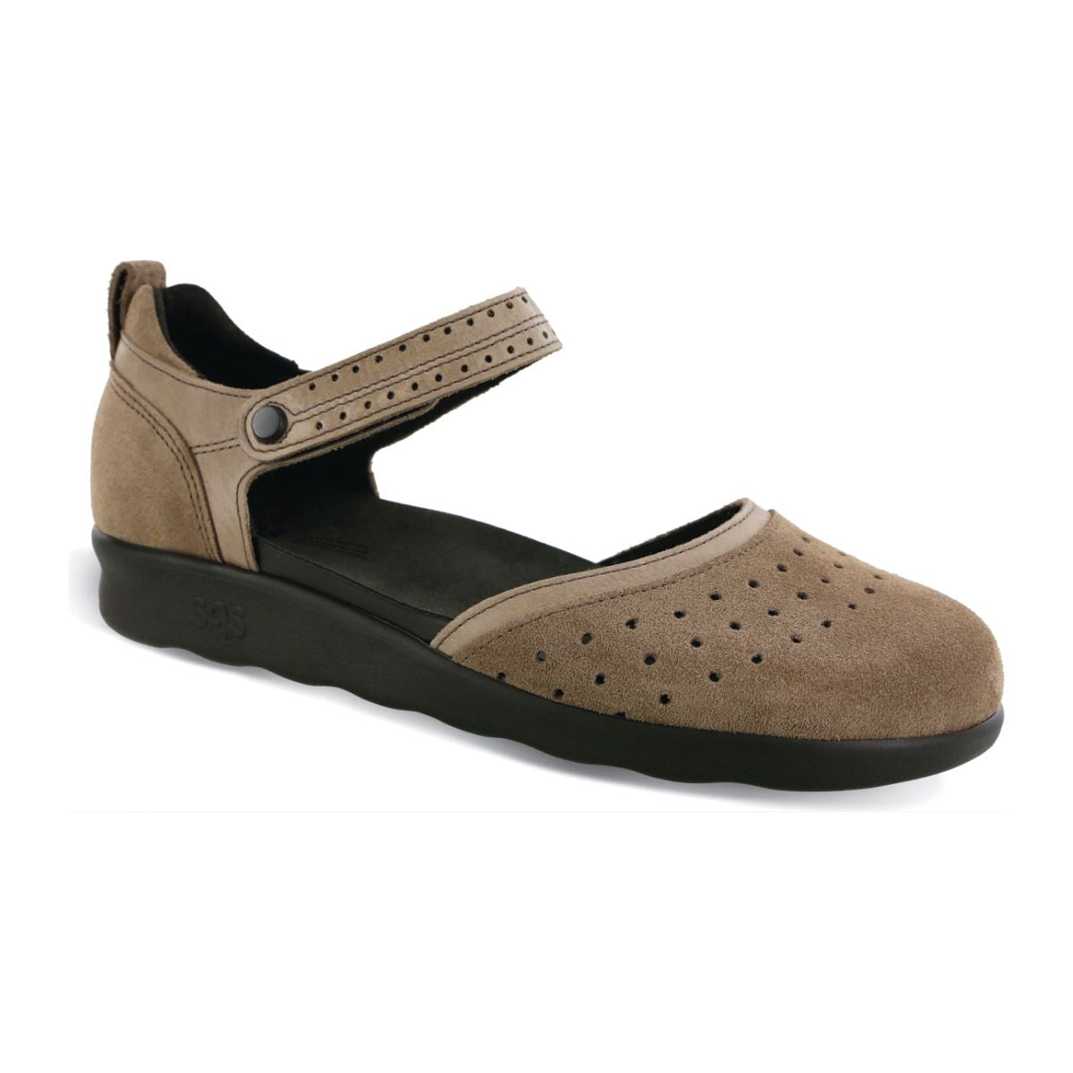 Birch-colored Mary Jane shoe with perforated leather upper, adjustable hook-and-loop strap, molded footbed, and low 1.125-inch heel for all-day comfort. Style #3764-711