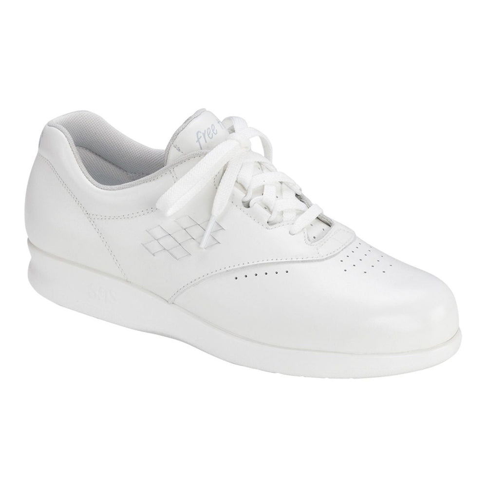 White SAS Free Time women’s walking shoe with lace-up closure, cushioned sole, breathable upper, and ergonomic design, side profile showing comfort features. Style #0083-049