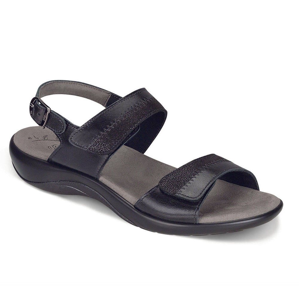 SAS Nudu women’s heel strap sandal with two-toned leather, decorative stitching, plush microfiber-lined insole, adjustable leather straps, and 1.375-inch heel. Style #2510-350