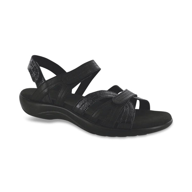 SAS Pier women’s heel strap sandal in black with adjustable straps, cushioned contoured insole, soft lining, and a 1.375-inch heel for style and comfort. Style #3737-831