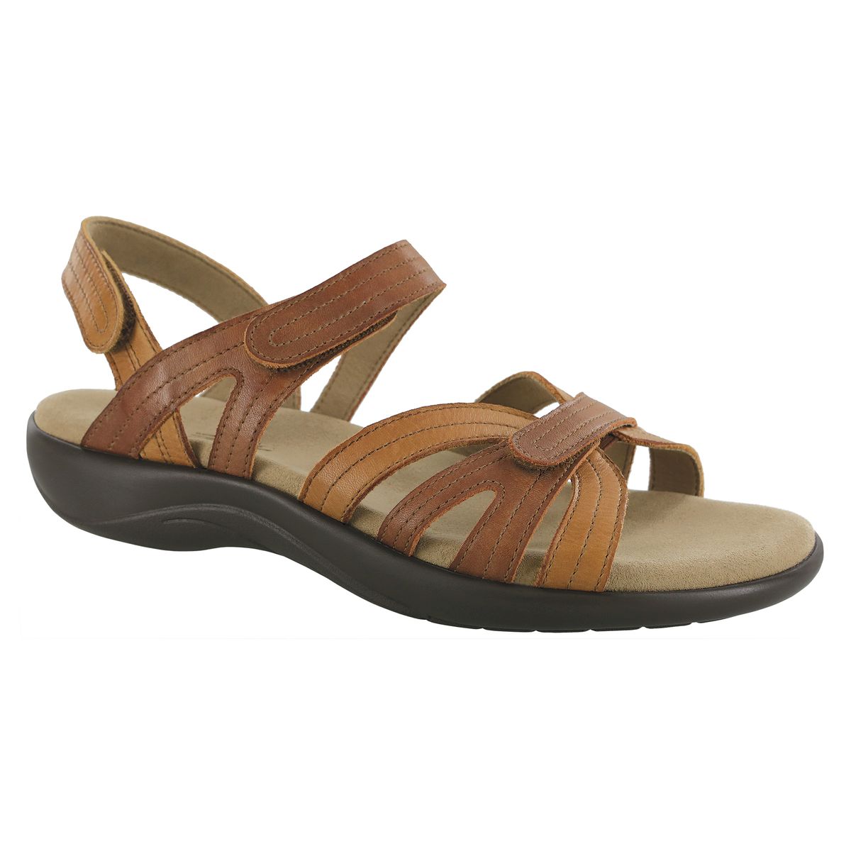 SAS Pier women’s heel strap sandal in sepia brown with adjustable straps, cushioned contoured insole, soft lining, and a 1.375-inch heel for stylish comfort. Style #21700-13