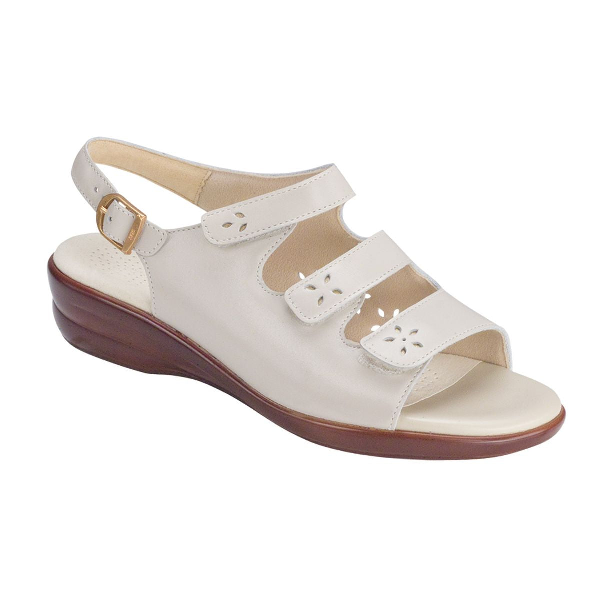 SAS Quatro women’s slingback sandal in bone with four adjustable straps, secure ankle buckle, broad contoured insole, and a 1.375-inch heel for supportive, versatile style. Style #21700-12