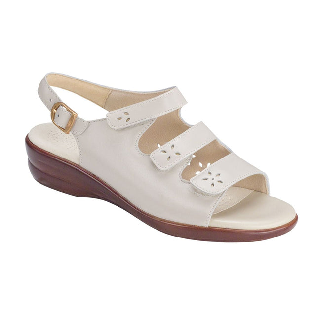 SAS Quatro women’s slingback sandal in bone with four adjustable straps, secure ankle buckle, broad contoured insole, and a 1.375-inch heel for supportive, versatile style. Style #21700-12