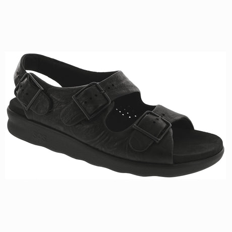 SAS Relaxed women’s heel strap sandal in black with thick cushioned leather straps, adjustable closures, and a 1.125-inch heel for classic, versatile summer style. Style #1760-013