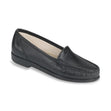 SAS Simplify women’s slip-on black leather loafer with smooth finish, padded lining, removable cushioned footbed, and 1-inch heel for classic everyday wear. Style #1550-013