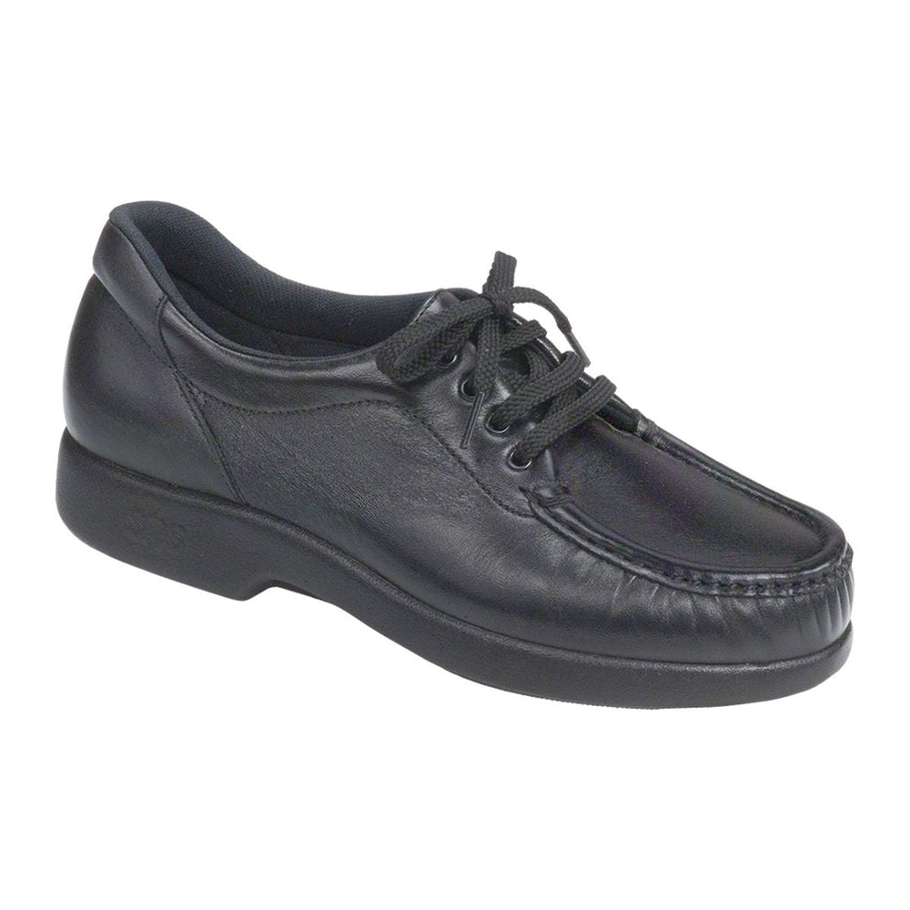 SAS Take Time women’s lace-up loafer in smooth black leather with moccasin-style hand-lacing, padded lining, removable CoolSTEP™ footbed, and 1.25-inch heel for classic comfort. Style #1690-013