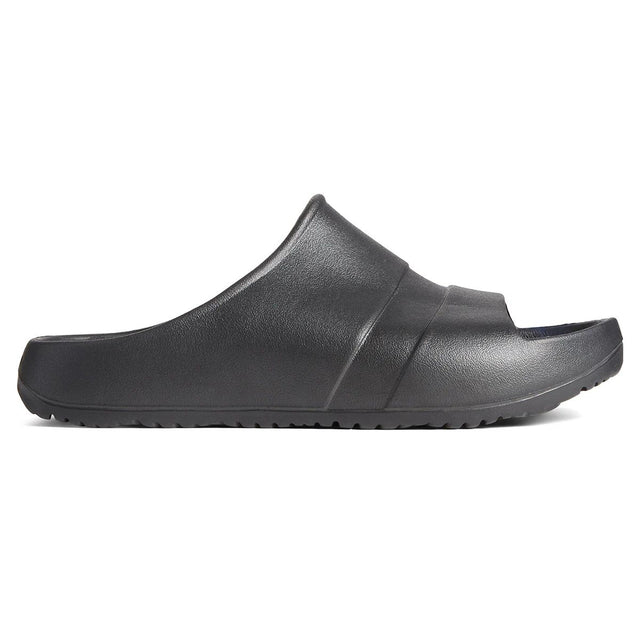 Men's black lightweight molded EVA foam one-piece slide sandal with a wide upper strap. Style #STS24002.