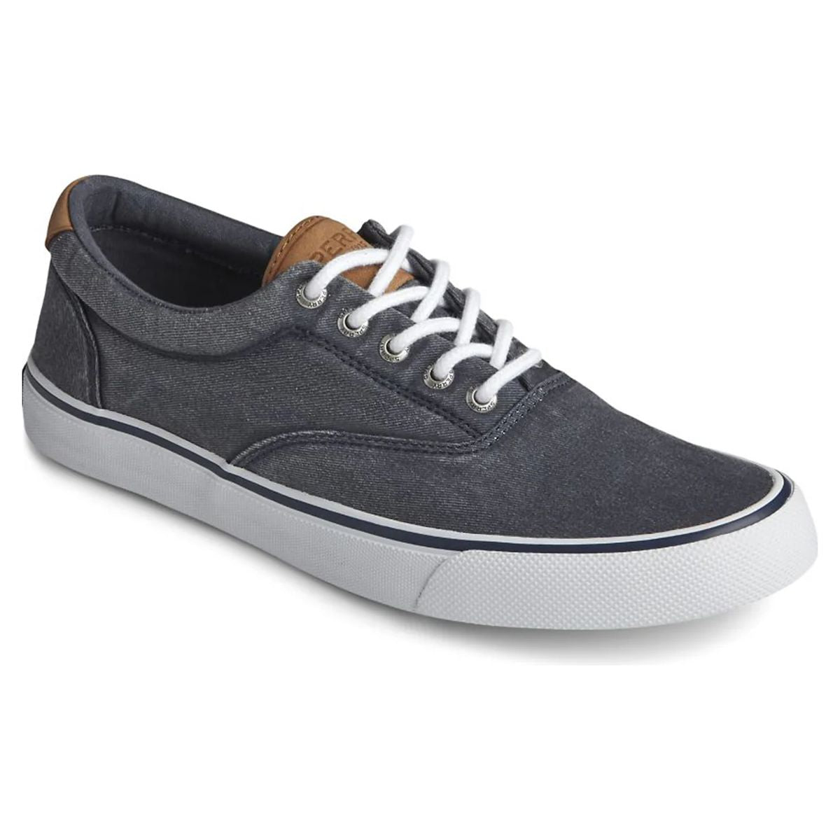 Men's navy canvas lace-up sneaker with white laces, brown tongue accent, and white rubber sole. Style #STS22044