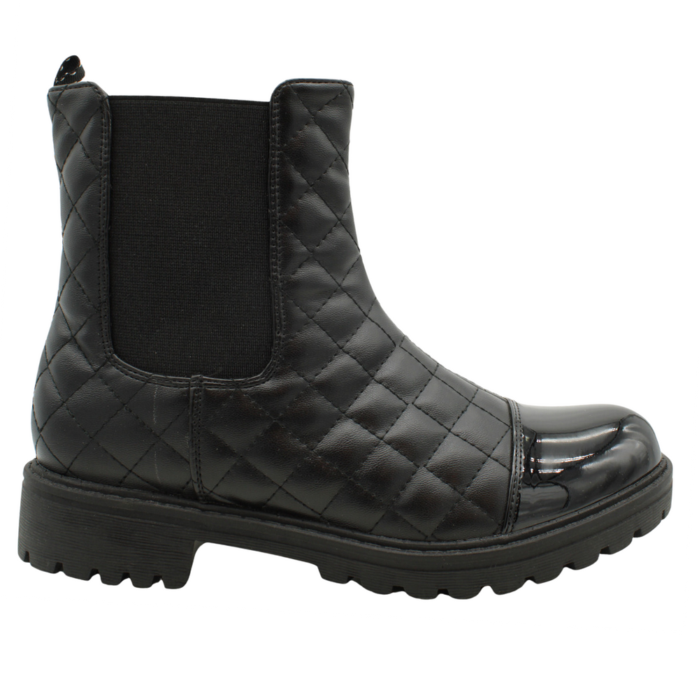 Black vegan leather ankle winter boot with a glossy patent toe cap and a low heel