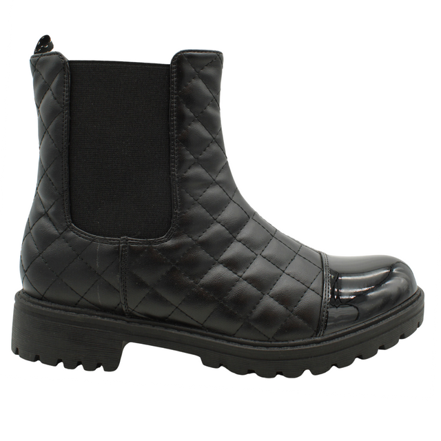 Black vegan leather ankle winter boot with a glossy patent toe cap and a low heel