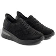 Black suede casual shoe with stud accents, elastic lace-up front, and a thick black sole. Style #F8215 BLK