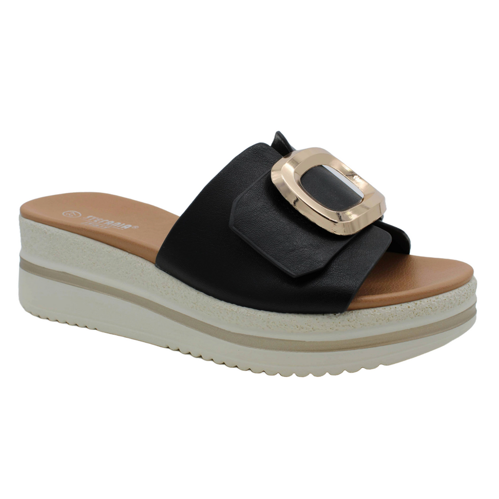 S5577 Slide Buckle Platform Sandal in Black