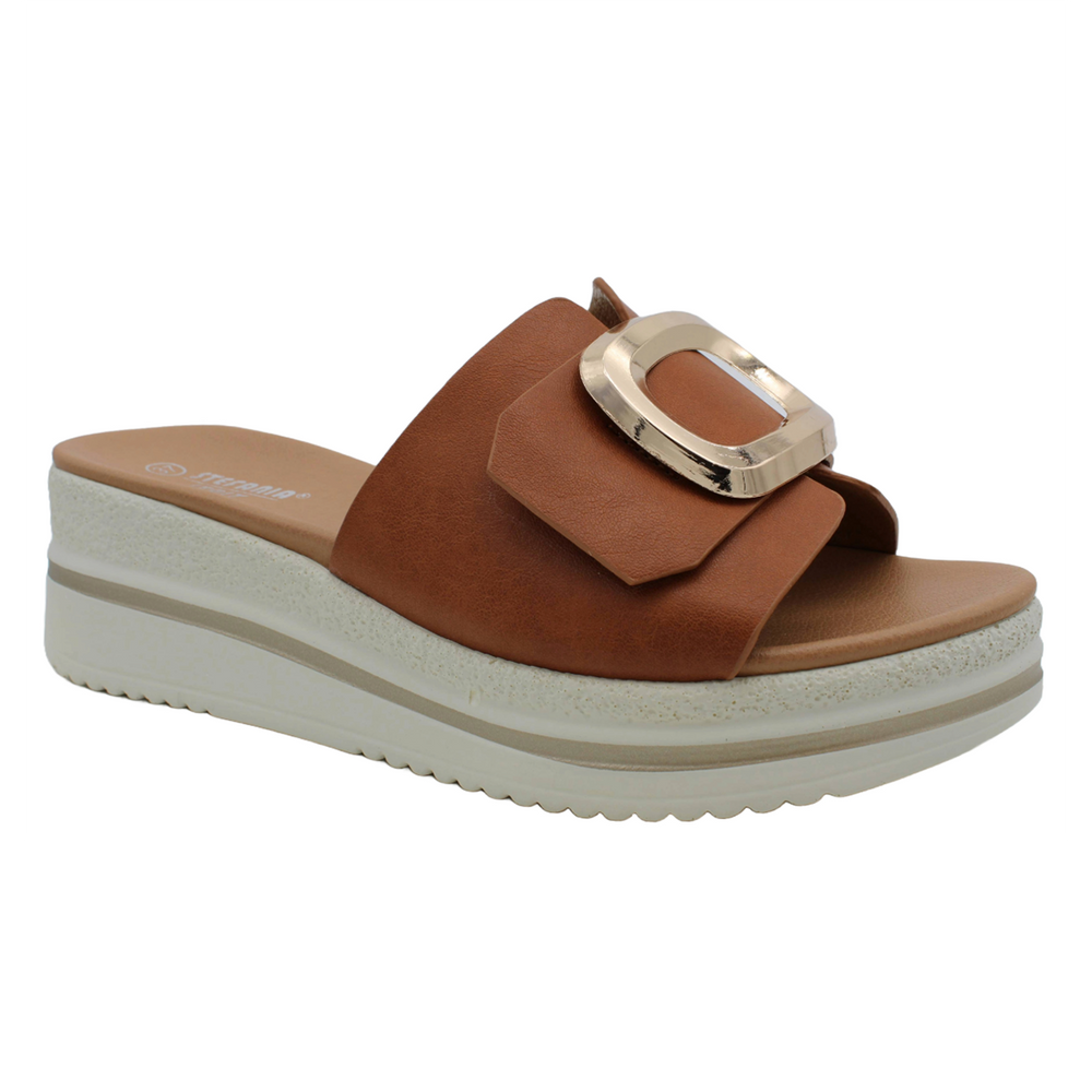 S5577 Slide Buckle Platform Sandal in Brown