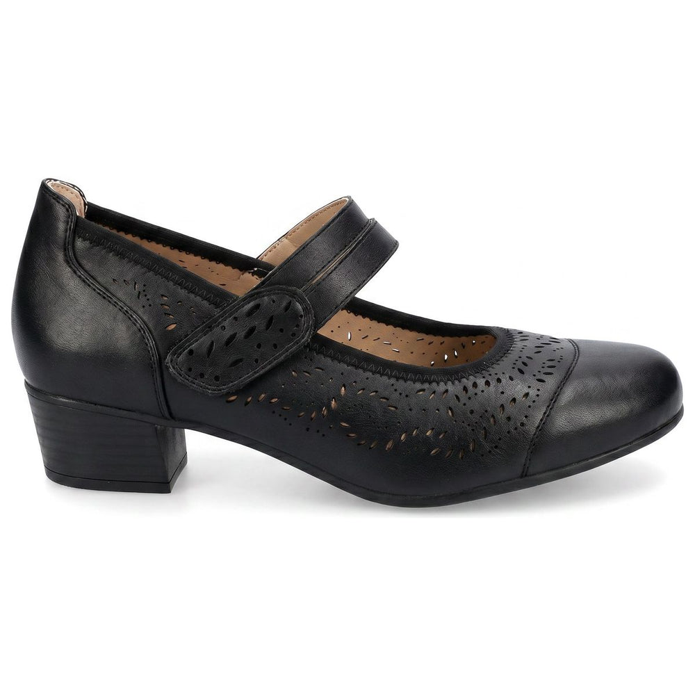 Women’s black leather Mary Jane pump featuring a supportive strap with a subtle buckle and a sturdy block heel. Style #S8533.