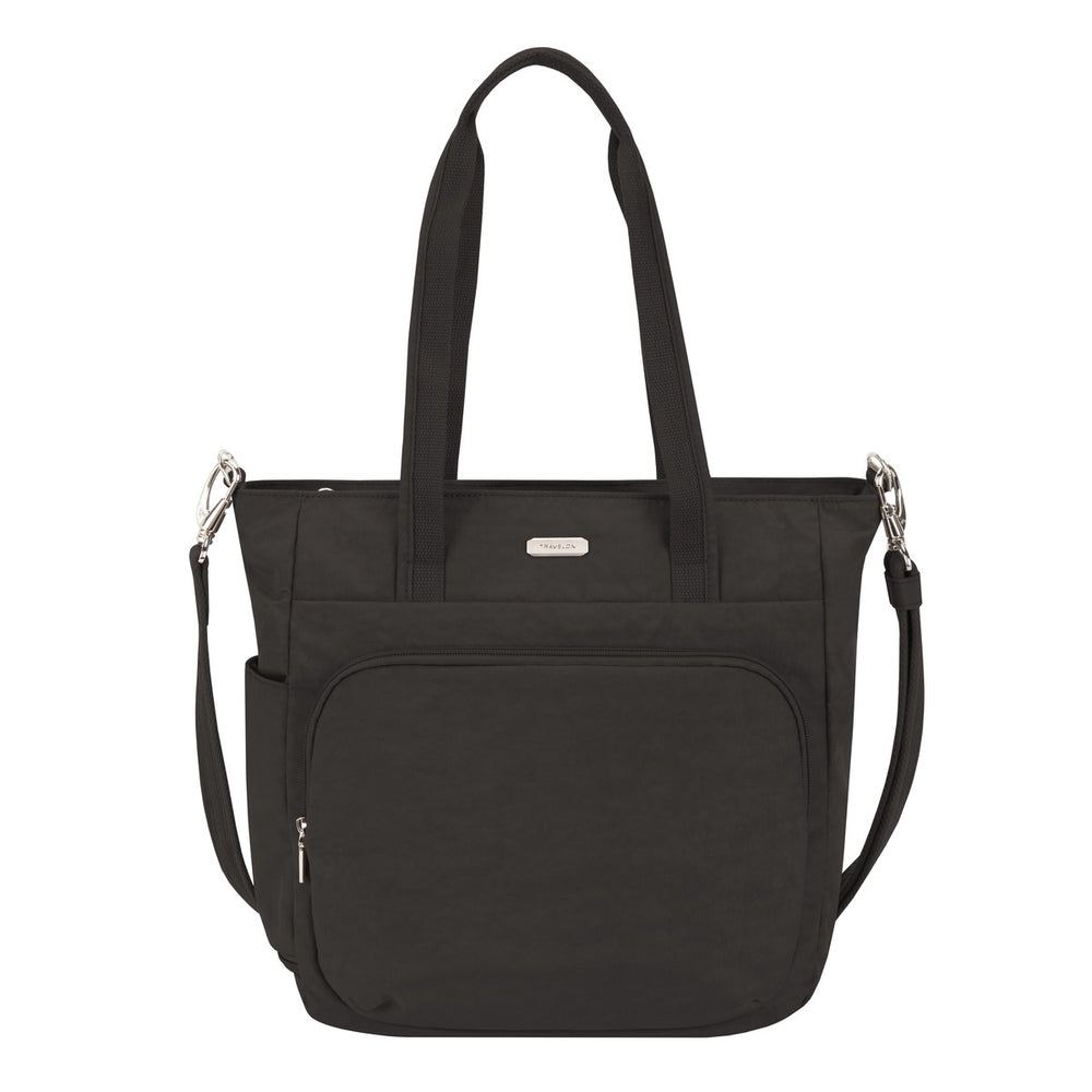 Black Travelon Anti-Theft Convertible Backpack Tote with top handles and a removable shoulder strap, featuring front and side pockets. Product code: 43490-500.