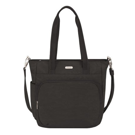 Black Travelon Anti-Theft Convertible Backpack Tote with top handles and a removable shoulder strap, featuring front and side pockets. Product code: 43490-500.