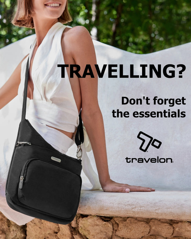 Woman with a black shoulder bag sitting on a stone bench, with 'Travelon' branding and travel-themed text.