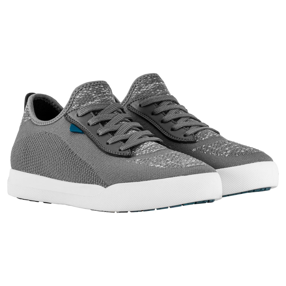 Grey knit sneaker featuring integrated laces, a sock-like collar, and a thick, textured white sole. Style #F1005W-GY