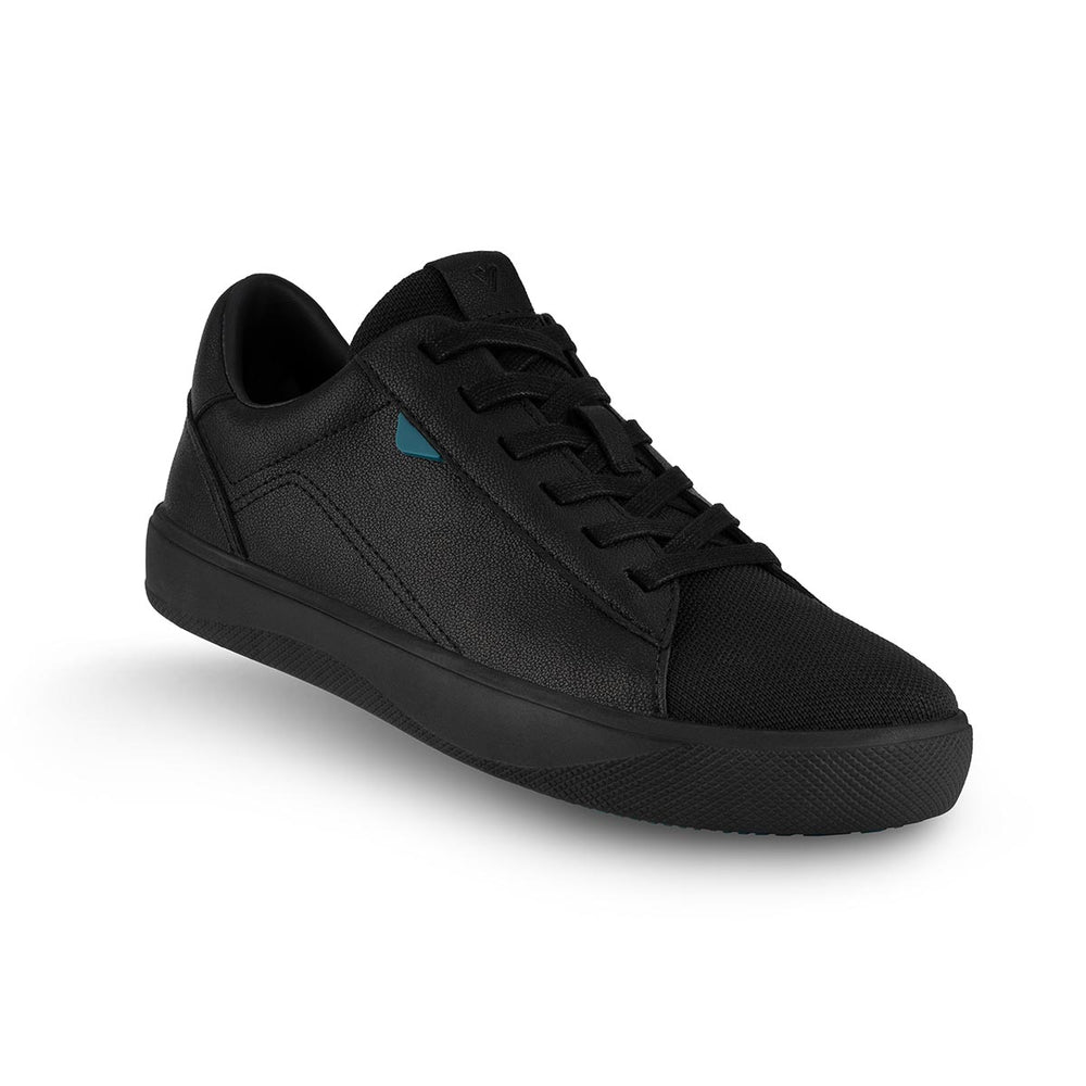 All-black Vessi men's Soho sneaker with a small teal tag on the side, F1019M-BK