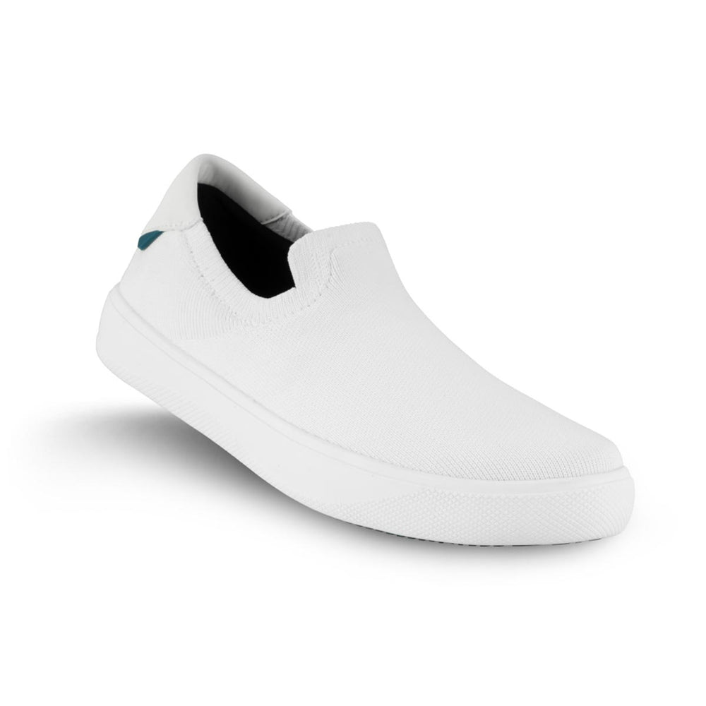 White Vessi waterproof slip-on sneaker with a knit upper and a thick white sole, SHBWSWW