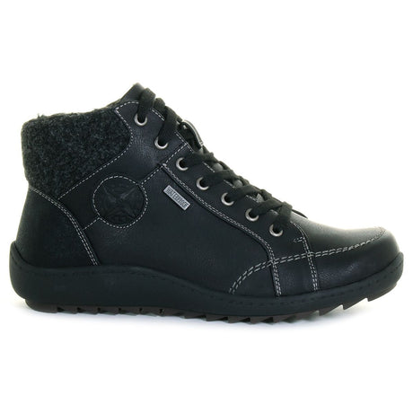 Black ankle boot with lace-up front and side zipper, warm grey felt collar, stitched detailing, and rugged sole for cold-weather traction and comfort. Style #T22732-B20