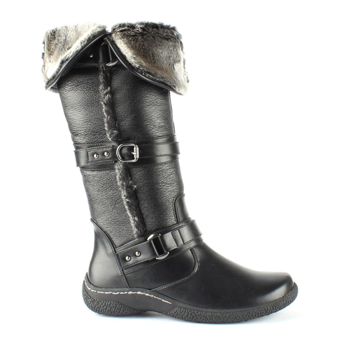 Tall black waterproof winter boot with synthetic upper, side zipper, soft fold-down faux fur collar, and rugged tread sole designed for snowy, icy conditions. Style #T17653WC