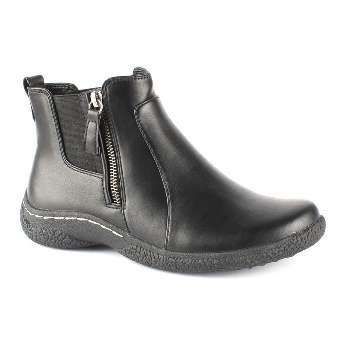 Low black ankle boot with dual side zippers, waterproof synthetic upper, and subtle heel; features elastic gore panels and warm lining for winter comfort. Style #T19617-B20