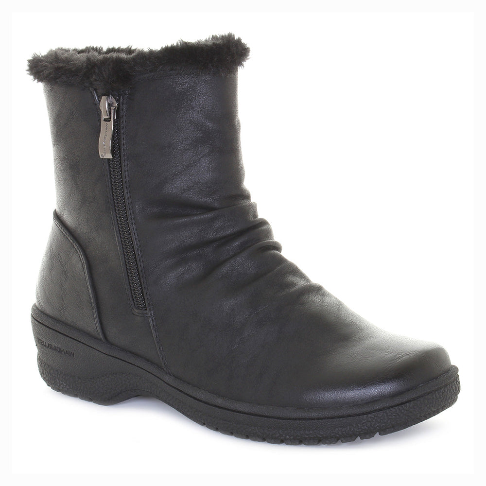 Black ankle boot with dual side zippers and a sleek design; features waterproof synthetic upper and cozy pile lining for warm, easy winter wear. Style #T21621-B20