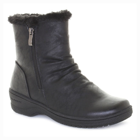 Black ankle boot with dual side zippers and a sleek design; features waterproof synthetic upper and cozy pile lining for warm, easy winter wear. Style #T21621-B20