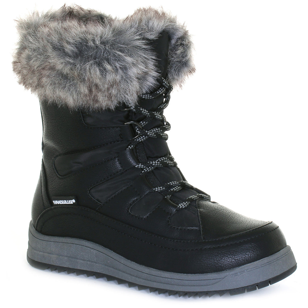 Black midheight winter boot with fur collar, lace-up front, and side zipper; features waterproof construction, thick insulation, and muted stitching for warmth and style. Style #T22767-B20