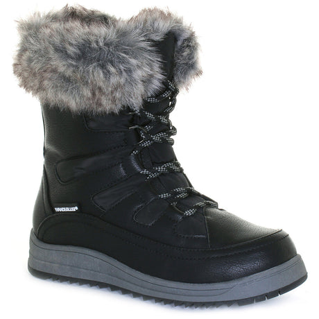 Black midheight winter boot with fur collar, lace-up front, and side zipper; features waterproof construction, thick insulation, and muted stitching for warmth and style. Style #T22767-B20