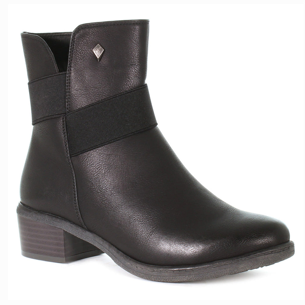 Black women’s midheight boot with a waterproof distressed finish, riding-style heel, side zipper, and soft lining for versatile wear in fall, winter, and spring. Style #T21625-B20