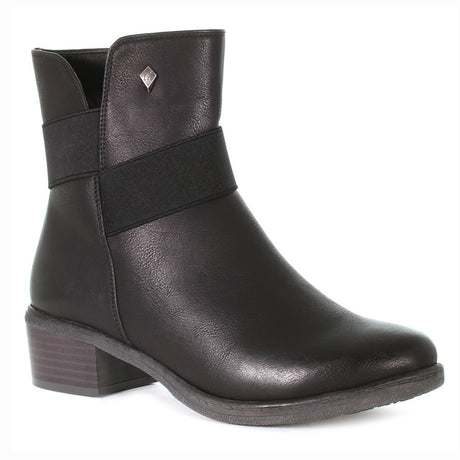 Black women’s midheight boot with a waterproof distressed finish, riding-style heel, side zipper, and soft lining for versatile wear in fall, winter, and spring. Style #T21625-B20