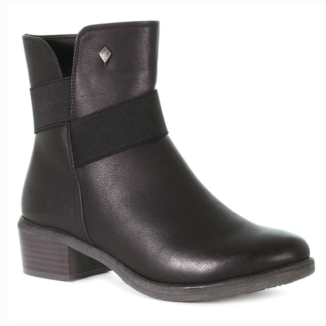 Black women’s midheight boot with a waterproof distressed finish, riding-style heel, side zipper, and soft lining for versatile wear in fall, winter, and spring. Style #T21625-B20